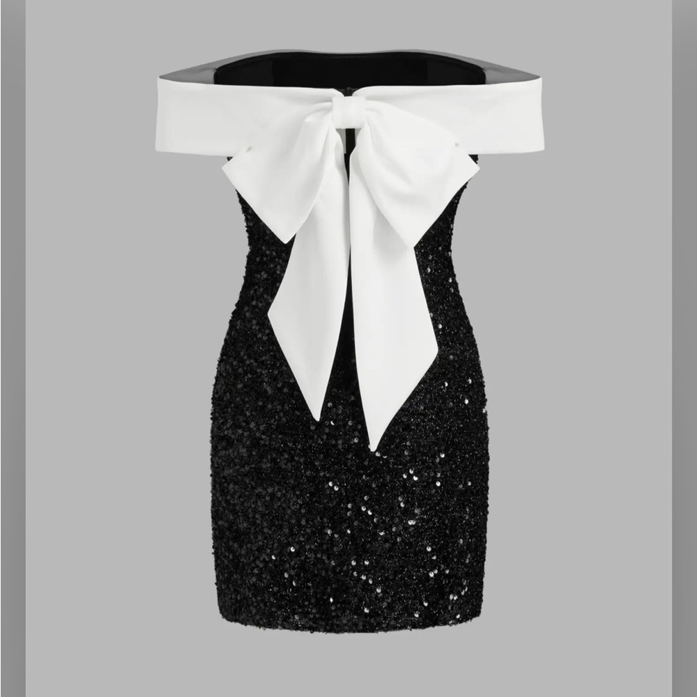 Cider SEQUIN OFF-SHOULDER SOLID BOWKNOT MINI DRES… - image 5